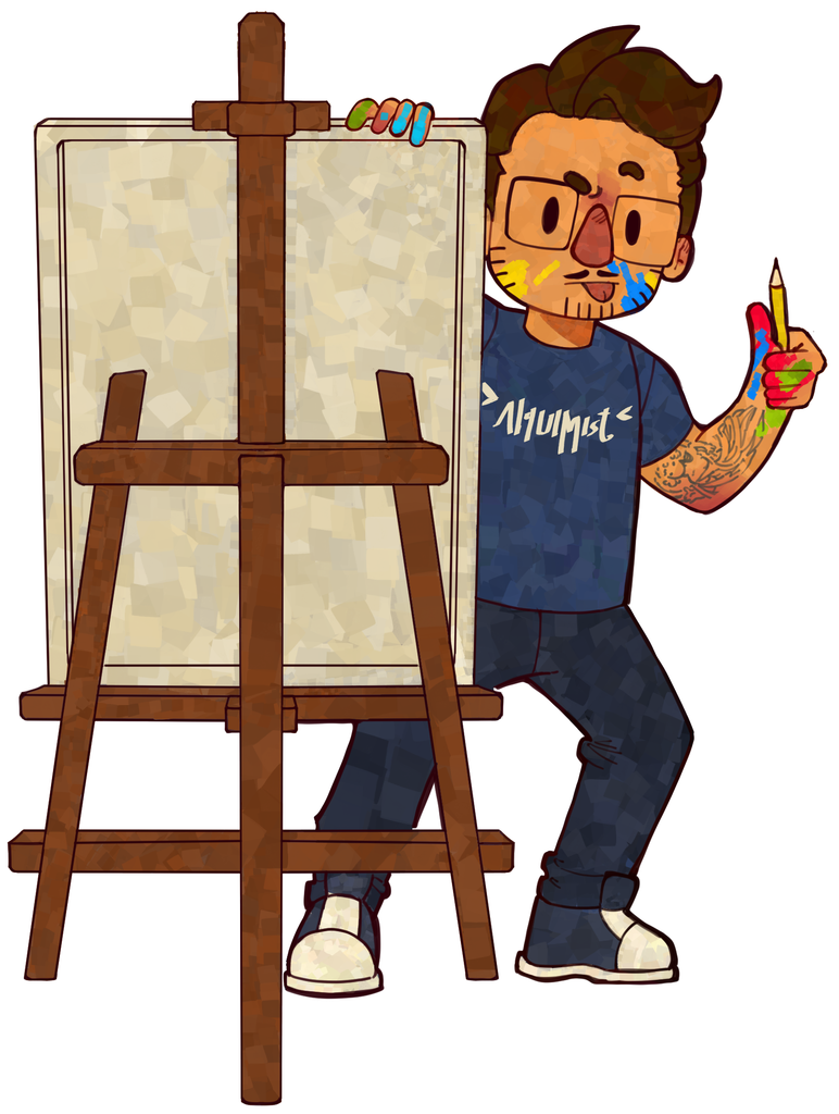 Xuimzinho ao lado do cavalete, com os dedos pintados, convidando você a desenhar