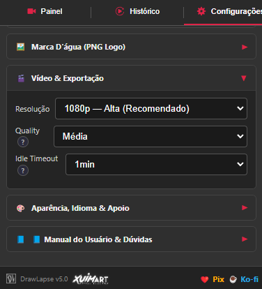 Configurações de vídeo